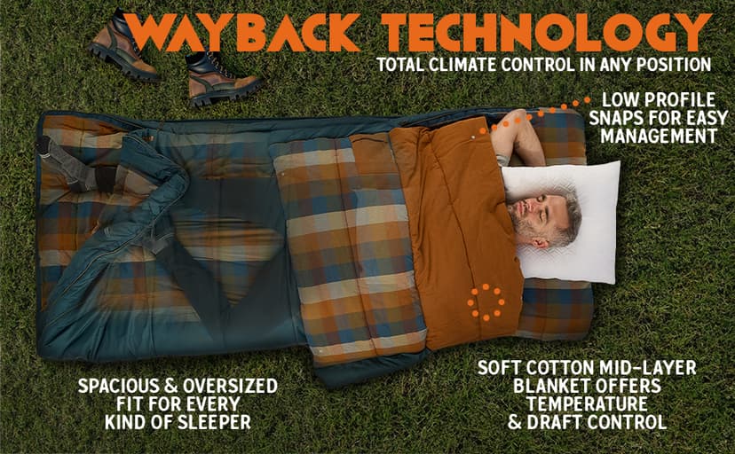 Kelty Wayback Flannel Lined Sleeping Bag, Built in Blanket, Traditional Rectangle Shape, Organic Flannel Cotton Liner, Dual Locking Slide Zips
