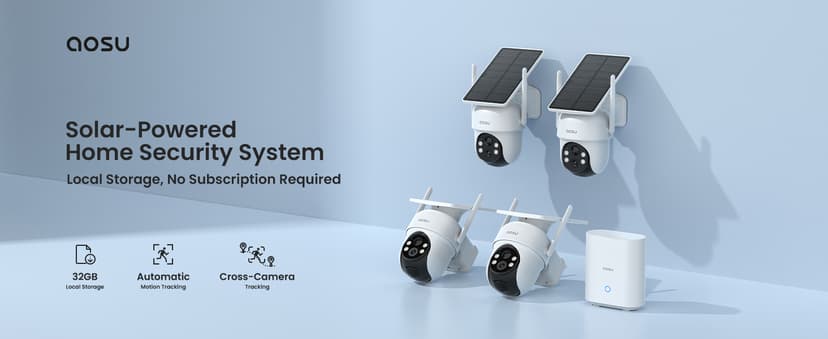 aosu Security Cameras Outdoor Wireless, 4 Cam-Kit, No Subscription Required, Solar-Powered, Home Security Cameras System with 360° Pan & Tilt, Auto Tracking, 2K Color Night Vision, Easy Setup
