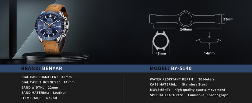 BENYAR BY BENYAR Watch for Men Analog Quartz Chronograph Waterproof Luminous Designer Mens Wrist Watches Business Work Sport Casual Dress Watch with Silicone Strap Elegant Gifts for Men