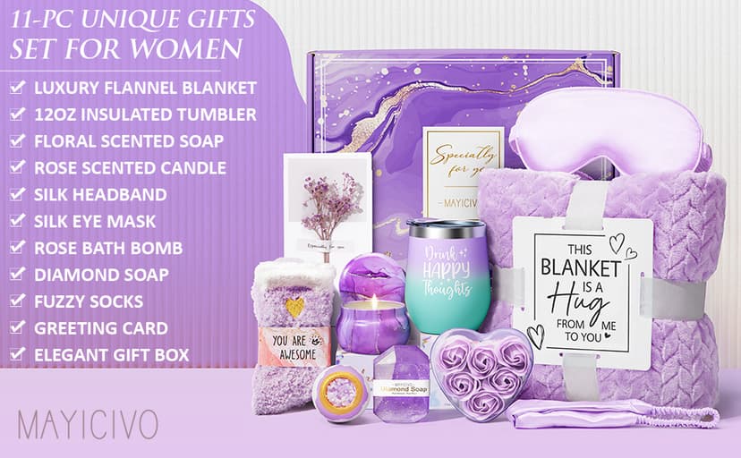 Valentines Day Birthday Gifts for Women Self Care Get Well Soon Gift Baskets, Lavender Relaxing Spa Gift Basket Care Package Flannel Blanket, Unique Gifts for Her Mom Wife Girlfriend Friends Sister