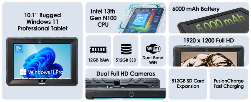 Fusion5 Built in USA 10.1” Windows 11 Professional Rugged Tablet PC - 12GB RAM, 512GB SSD, Intel 13th Gen, Full HD Windows Tablet Computer, HDMI, USB C - 2 Year Full Warranty with Accidental Damage