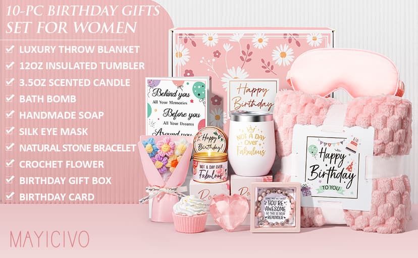 Birthday Gifts for Women Friendship, Unique Happy Birthday Gifts Basket for Mom Her Best Friend Sister Wife Girlfriend Coworker, Luxury Self Care Box Rose Relaxing Spa Gifts Set for Women with Blanket