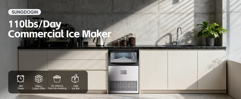 Commercial Ice Maker, 110lbs/24H, 33lbs Large Storage Under Counter Ice Maker for Business, 50 Cubes in 7-14Mins Stainless Steel Ice Machines, Self Cleaning Ice Makers for Cafe Bar Restaurant Home