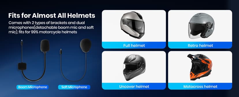 JESIMAIK Motorcycle Helmet Bluetooth Headset, 10 Way 2KM Helmet Communication System, Multitasking Audio Motorcycle Intercom, 2 Mics&40mm Speaker (1 Pack)