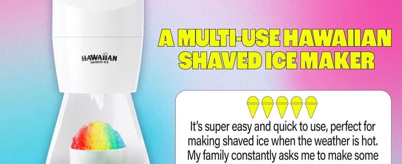 Hawaiian Shaved Ice S900A Snow Cone and Shaved Ice Machine with 2 Reusable Plastic Ice Mold Cups, Non-slip Mat, Instruction Manual, 1-year Manufacturer’s Warranty, 120V, White