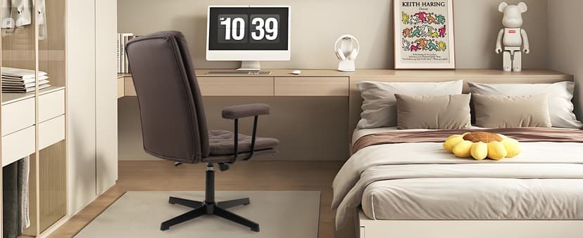 CLATINA Office Chair No Wheels, Leather Criss Cross Desk Chairs with Arms, Modern Cross Legged Computer Chair, Mid Back Height Adjustable Swivel Task Vanity Chair for Home Office, Chocolate Brown
