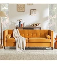 Kingfun Faux Leather 3 Seat Couch for Living Room, Mid Century Modern Sofa with Rolled Arms and Deep Seats, Fluffy Comfort for Apartment, Easy to Assemble, Chestnut