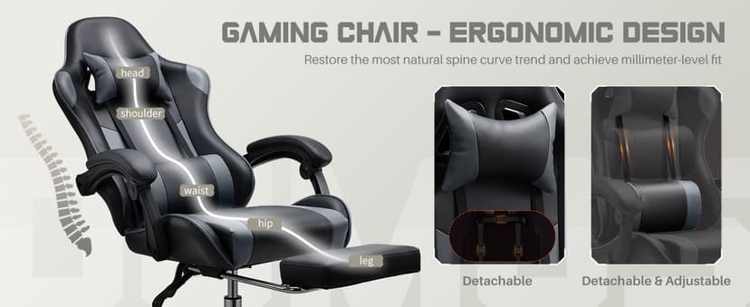 DUMOS Ergonomic Gaming Office Desk Chair with Footrest and Headrest for Adults, PU Leather Video Computer Chair with Linkage Armrests, Height Adjustable 360° Swivel Recling Chair, Black Grey