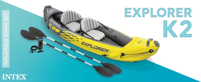 Intex 68307EP Explorer K2 Inflatable Kayak Set: Includes Deluxe 86in Aluminum Oars and High-Output Pump – SuperStrong PVC – Adjustable Seats with Backrest – 400lb Weight Capacity