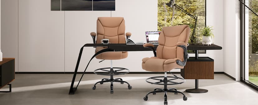 Ergonomic Drafting Chair, Tall Office Chair for Standing Desk, High Back Standing Desk Chair with Flip-Up Armrest, Adjustable Height&Foot Ring, Executive PU Leather Extended Height Office Chairs,Brown