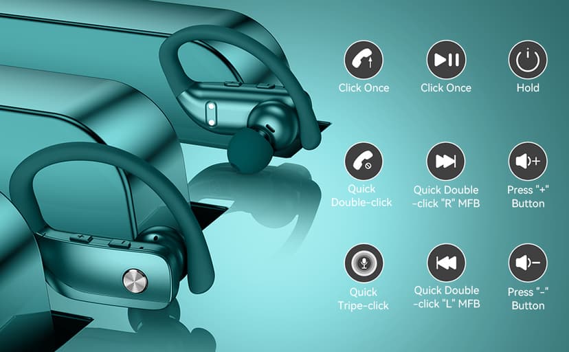 bmani Ear Buds Wireless Earbuds Bluetooth Headphones with 80H Playtime LED Display Case, Over-Ear Hook with Mic, Stereo Sound, Easy Button Controls, Sports Earphones for Running Workout Gym Green