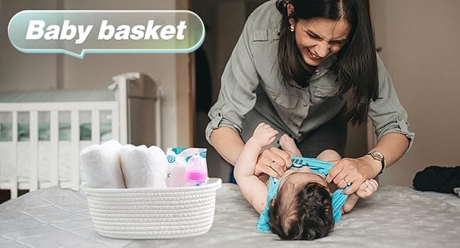 Pro Goleem Small Woven Basket with Gift Bags and Ribbons Durable Baskets for Halloween Gifts Empty Small Rope Basket for Storage 12"X 8" X 5" Baby Toy Baskets with Handles, White