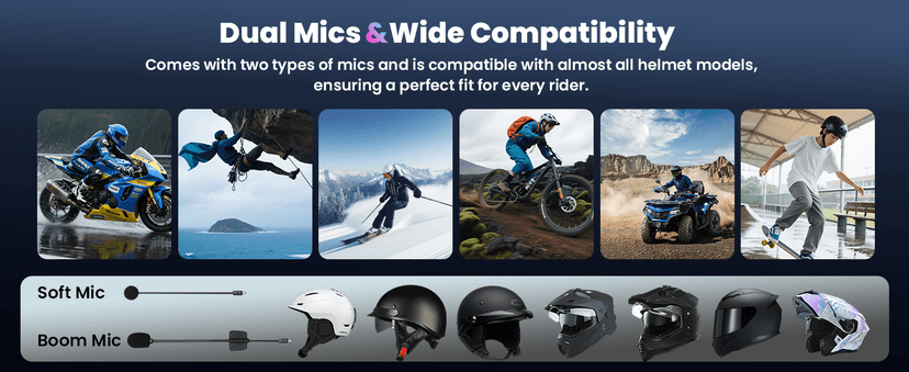 FEYA Motorcycle Helmet Speakers Super Long Battery Life Helmet Headset with Hi-Fi Sound Quality Dual Noise Reduction IPX6 Automatic Answer/Call Music Control/AI Voice/Soft & Hard Mic 1 Pack - Multi