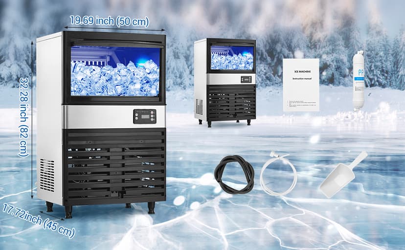 Commercial Ice Maker Machine, 130lbs/24H, 30 Lbs Ice Storage Bin, Fast Making Ice in 5-15 Mins, Auto-Clean, Timer Function, Freestanding or Undercounter for Restaurant,Coffee Shop, Food Truck and Bar