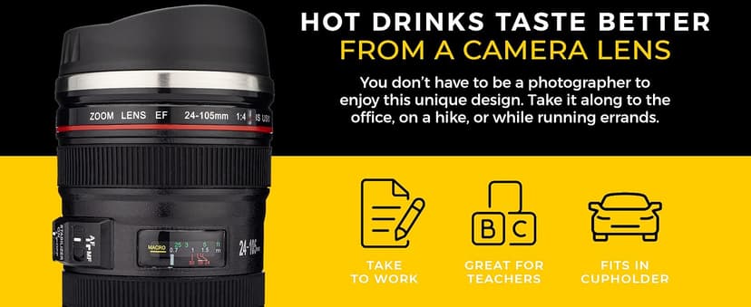 STRATA CUPS Camera Lens Coffee Mug -13.5oz | (2 LIDS + SPOON + BAG) Gift for Him, Dad Gifts, Photography, Camera accessories, Novelty Gifts