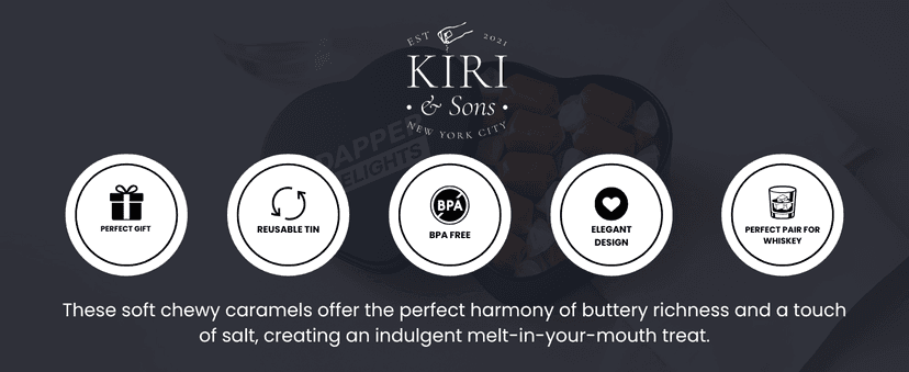 Kiri & Sons Soft Chewy Caramel Whiskey Candy, Premium Gourmet Tin Gift for Father's Day, Black Tin – Salted Caramel
