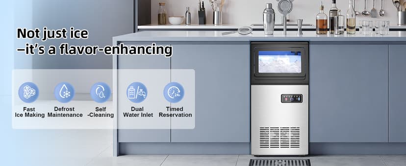 Nugget Ice Maker Machine Commercial, 80lbs/24h Undercounter Sonic Ice Machine with 20lbs Storage Bin & Dual Water Inlet, Chewable Pellet Ice for Restaurant Bar Home, Stainless Steel