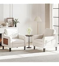 Accent Chair for Living Room Modern Linen Upholstered Armchair Side Wooden Fabric Sofa Chair with Foldable Table 2 Side Pockets Comfy Reading Chair for Bedroom