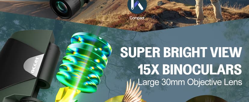 15x30 Compact Binoculars for Adults and Kids - Occer Large View High Powered Binoculars for Bird Watching - Lightweight Easy Focus Binocs with Low Light Vision for Hunting Cruise Ship Travel