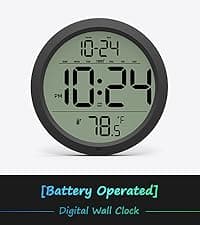 Digital Wall Clock with Date, Indoor Temperature, Auto-DST, Battery-Operated Digital Clock, 8 Inch Small Decorative Wood Wall Clock for Bedroom, Living Room, Kitchen, Office, Modern, Electric, Simple