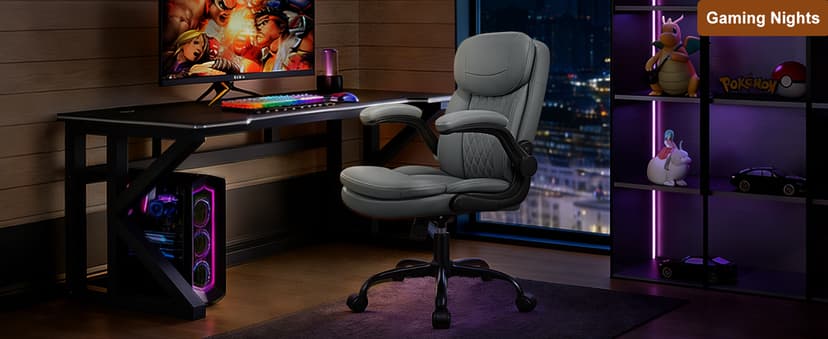 Leather Office Chair, Upgraded PU Computer Desk Chairs with Double-Layer Seat Cushion and Neckrest, 360°Swivel, Ergonomic Small Gaming Chair with Wheels and Adjustable Armrests for Short People, Grey