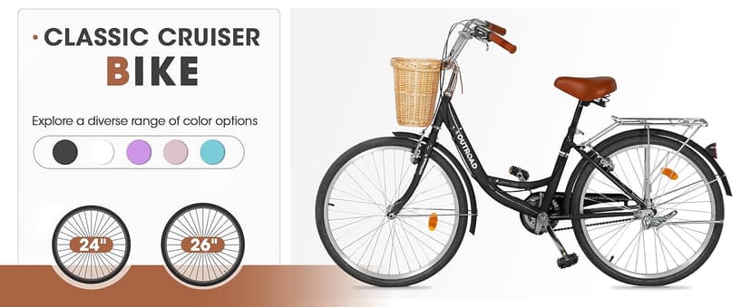 Outroad Beach Cruiser Bike, 24/26 inch Commuter Bicycle for Adult and Women,High-Carbon Steel Comfortable City Bikes with Rear Rack and Basket, (Black/Pink/White/Green/Purple)