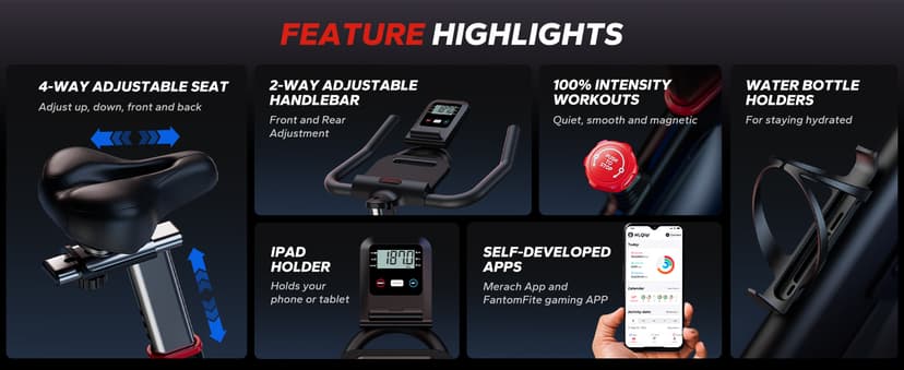 Merach Exercise Bike for Home Gym, Low Noise Stationary Bike with Brake Pad, Indoor Workout Bike with Self-Developed App, Tablet Mount and Fitness Courses for Weight Loss, 300 Lb Weight Capacity