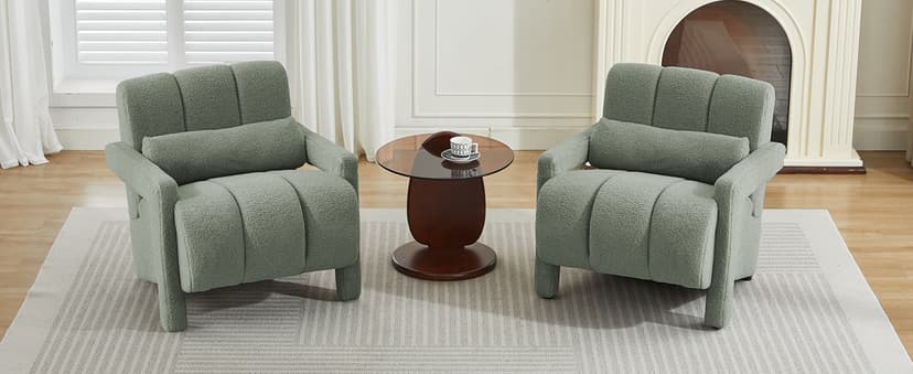 LOULENS Lambswool Accent Chair, Modern Upholstered Sherpa Accent Chair, Comfy Teddy Single Armchair with Pillow for Living Room, Bedroom (Beige, Backrest Under The Cushion)
