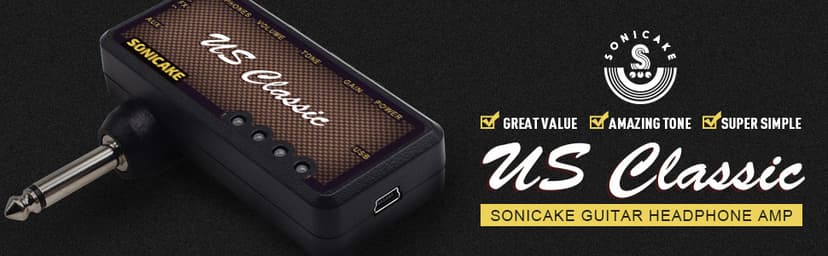 SONICAKE Guitar Headphone Amp Mini Guitar Headphone Amplifier US Classic Rechargeable Plug-in Pocket Bedroom Overdrive Reverb Effects