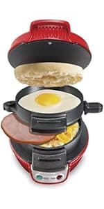 Hamilton Beach Breakfast Sandwich Maker with Egg Cooker Ring, Customize Ingredients, Perfect for English Muffins, Croissants, Mini Waffles, Perfect White Elephant Gifts, Red (25476)