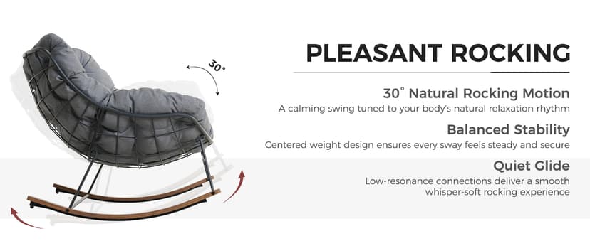 Grand patio Outdoor Rocking Chair, Oversized Papasan Rocking Chair with Thick Cushion, Indoor Outdoor Cozy Rocker for Balcony, Living Room, Patio, Gray