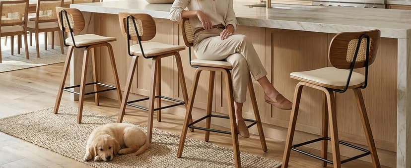 LukeAlon Mid Century Linen Counter Stools Set of 3, Upholstered 26.5" Seat Height Low Barstools with Natural Wood Legs Round Low Back Kitchen Stools with Footrest for Dining Room, Beige