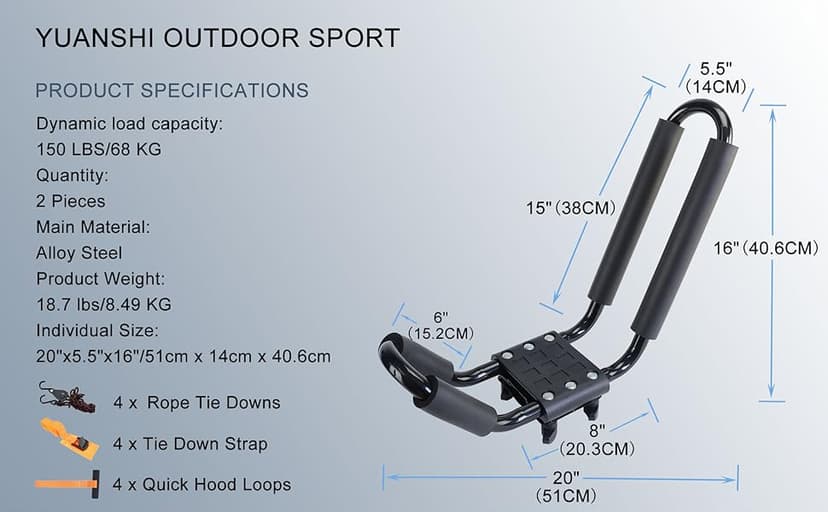 Kayak Roof Rack 2 Pairs Heavy Duty J-Bar Carrier Holder for Canoe, SUV, Cars, Truck, Surf Ski, Tie-Mount on Car Roof Top Crossbar for Trip - Includes 8 Pcs Ratchet, Set of 4