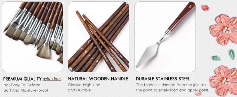 Fuumuui 25pcs Paint Brush Set, Professional 9 Shapes with Wide Flat, Filbert, Fan, Dagger, Cat Tongue, Round, Angle, Rigger for Acrylic Oil Watercolor | Includes Palette Knife & Waterproof Canvas Roll B0CCHK9L7G