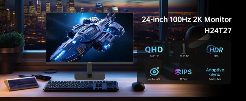 KTC 24 Inch QHD 2560x1440 IPS Computer Monitor, 100Hz Zero-Frame 2K Gaming Office Monitor, Adaptive Sync, HDR10, VESA, Tilt Adjustable, Low Blue Light, DisplayPort, HDMI, H24T27