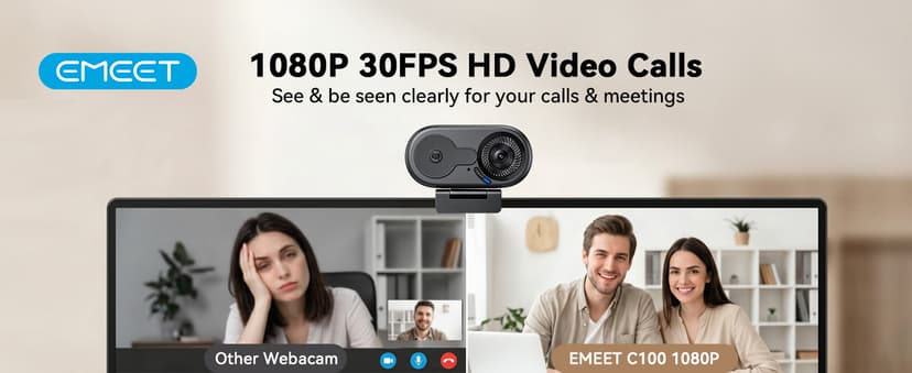 EMEET C100 1080P Webcam for PC, Fixed Focus, 66° FOV, Built-in Mic, Privacy Cover, Portable Metal Clip, Computer Camera for Home Office, Online Learning, Meetings, Streaming, Desktop, Laptop, PC USB-A