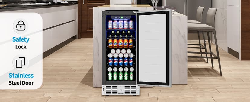 Feelfunn 15 Inch Undercounter Beverage Refrigerator - 126 Cans Beverage Fridge with Stainless Steel Door for Beer Wine Soda - Built-in or Freestanding Wine Cooler for Home Kitchen Bar