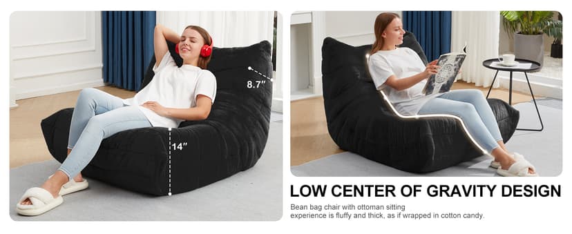 Bean Bag Chairs for Adults Giant Bean Bag Chair Memory Foam BeanBag Chair Bean Bag Sofa with Filler Faux Fur Fireside Beanbags Lazy Sofa for Living Room Bedroom Office (Black Plush, Single)