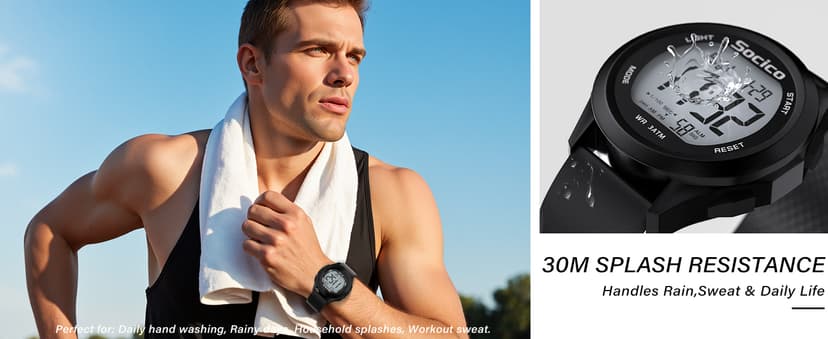 SOCICO Mens Digital Watch Sports Waterproof Outdoor Large Face Military Watches with Stopwatch Back Light Alarm Date Display
