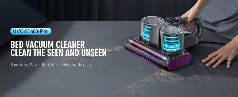 Mattress Vacuum Bed Vacuum Cleaner 16Kpa Suction 253.7nm UV-C Light, 140°F Heated Air, 30000 RPM Brushroll, Ultrasonic, HEPA Filter, Handheld Vacuums for Carpet/Sofa, 500W Corded, (Dark Gray)