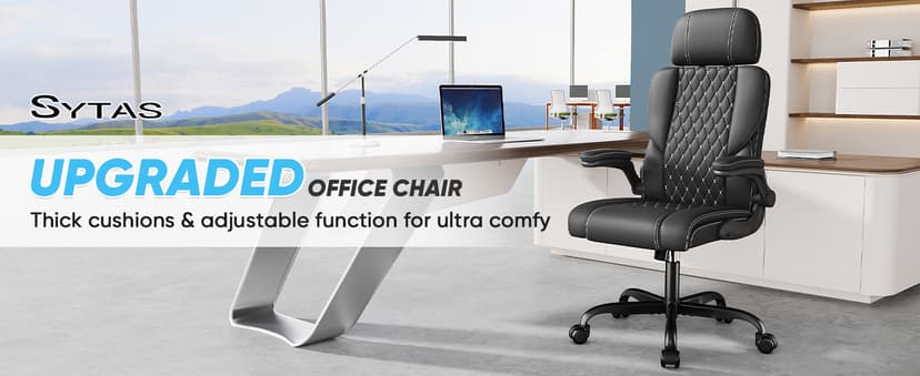 Sytas Executive Leather Office Chair, Comfy Desk Chair with Adjustable Headrest & Flip-up Padded Arms & Lumbar Support, Adjustable Hight and Tilt, Rolling Swivel Chair, Black