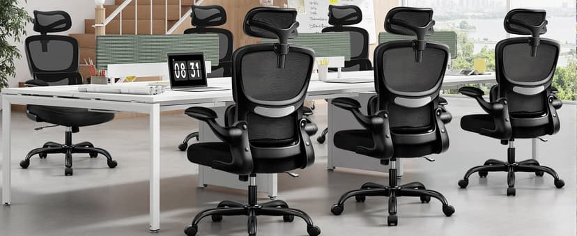 BESTFAIR High Back Ergonomic Office Chair, Breathable Mesh Desk Chair with Lumbar Support, Adjustable Headrest, Flip-up Armrests, Computer Gaming Chair, (Black)