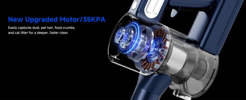 Cordless Vacuum Cleaner, Powerful Suction Vacuum Cleaners for Home, Anti-Tangle Pet Hair Brush, Lightweight, Self-Standing, Green LED Headlight, 6-in-1 Stick Vacuum for Carpet Hardwood Floor-Dark Blue