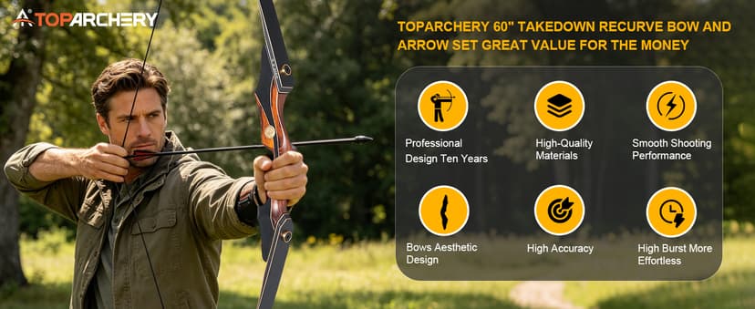 TOPARCHERY Archery 60" Takedown Hunting Recurve Bow and Arrow Set for Adults Practice Competition Longbow Kit 30-50lbs with 6pcs Arrows Right Hand Black