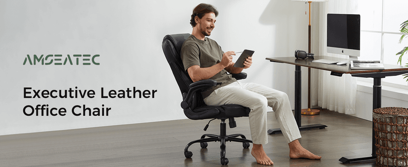 amseatec Office Chair, Executive PU Leather Chair, Ergonomic Computer Desk Chair with Lumbar Support and Adjustable Flip-Up Arms, Rocking Task Chair (Brow