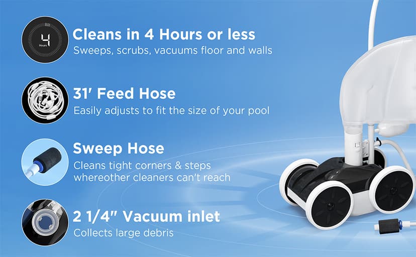 MAKHOON Upgrade Pool Pressure Side Sweeper: Professional Solution for Cleaning Your Swimming Pool (Four Wheels are Better Than Three) Need 1.5" Female Thread Pool Booster Pump Inlet, 4 Bar Pressure