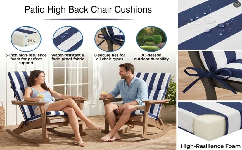 Enipate 2 Pack Outdoor High Back Chair Cushion, Weather Resistant Adirondack Rocking Chair Cushions, Patio Chair Seat Cushions