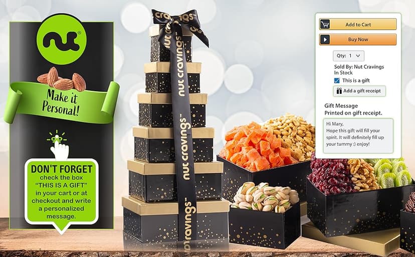 NUT CRAVINGS - Diwali Sweets Hamper Dried Fruit & Mixed Nuts Gift Basket in Black Tower + Ribbon (12 Assortments) Food Arrangement, Healthy Snack Care Package, Food Assortments