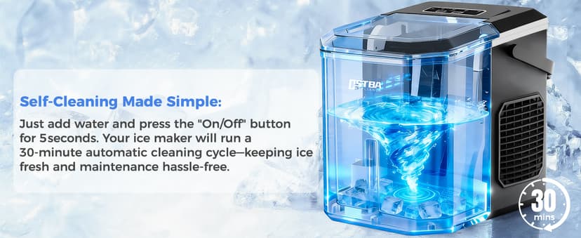 OSTBA Countertop Ice Maker Machine, Portable Ice Maker Makes 9 Bullet Ice Cubes in 6 Minutes, 26Lbs/Day Ice Makers Countertop with Self-Cleaning, Compact Mini Ice Maker for Home Kitchen RV Party