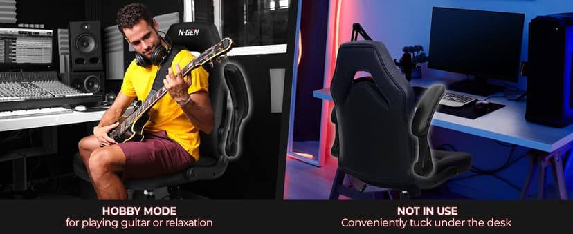 N-GEN Video Gaming Chair Ergonomic Computer Desk Office Chair with Lumbar Support Adjustable Height Swivel Wheels Flip-Up Arms PU Leather Home and Office (Black)